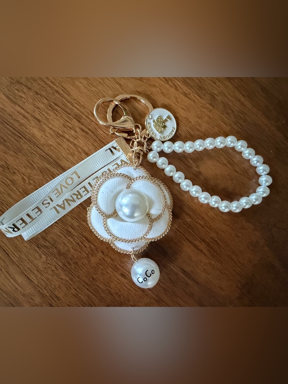 Coco Chanel 'Love is Eternal' White Camellia & Faux Pearls Bag Charm/Keyring NEW